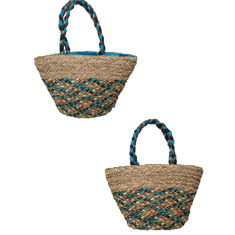 Multicolor Woven Straw Tote Teal Navy Copper Boho Beach Bag - Picture 8 of 9